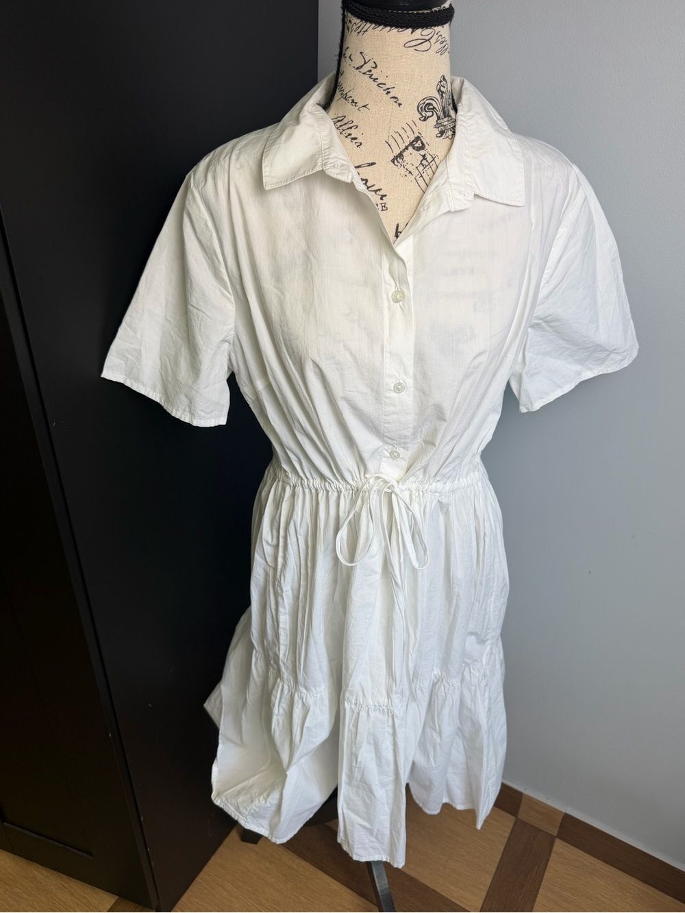 PIECES White 100% Cotton Shirt Dress Size L NWT Drawstring Waist Tiered Mini